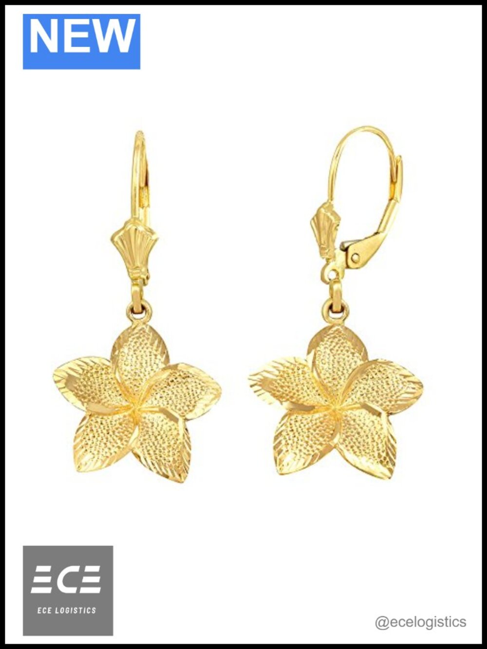 10K Solid Yellow Gold Hawaiian Plumeria Flower Dangle Earrings